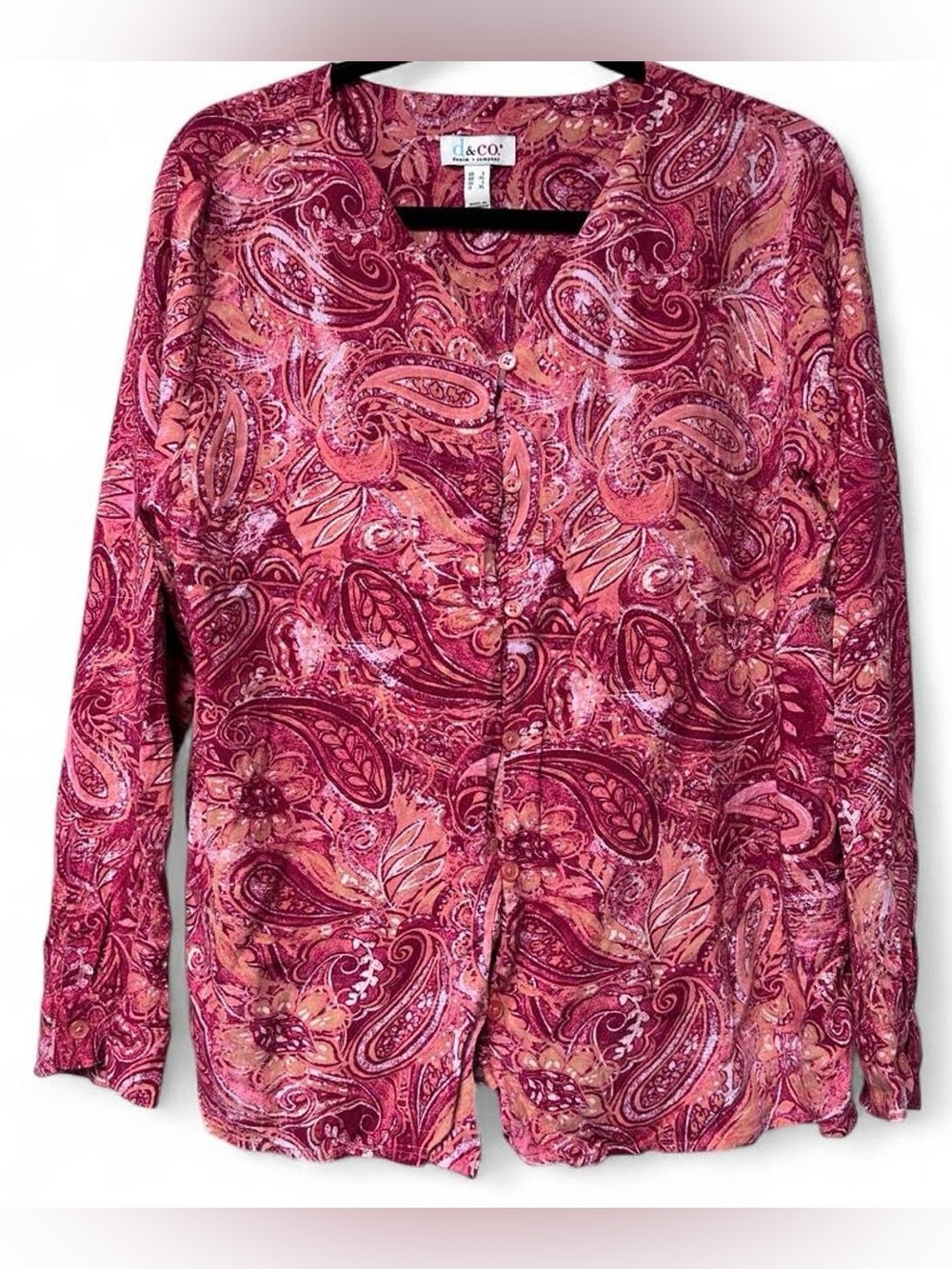 D&Co. XL Pink Burgundy Paisley Button Front Long Sleeve Blouse